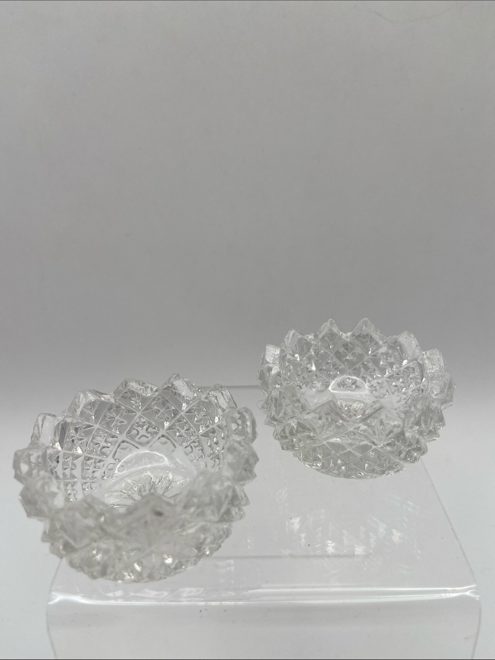 Vintage Clear Cut Glass Open Salt Cellars Diamond Pattern Sawtooth Rim Salt Dips
